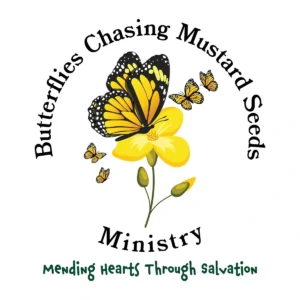 Butterflies on flower with ministry text.